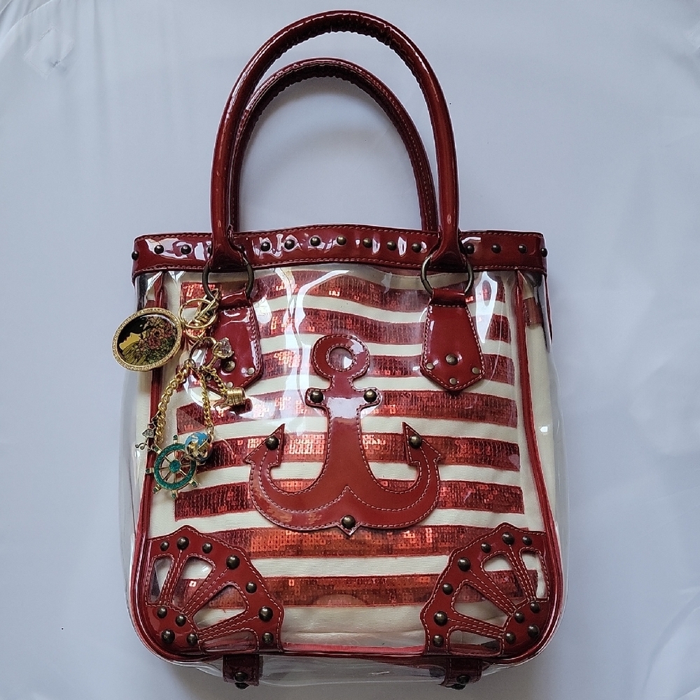 Stylish Striped PVC & Fabric Bag with Charms - Removable Clear Bag